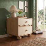 Oak Wood Bedside Table - 2 Drawers Round Legs Natural Finish - Image 2