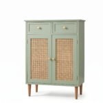 Mango Wood Cane Shoe Rack - 2 Drawers Teal Green Finish - Image 3