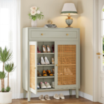 Mango Wood Cane Shoe Rack - 2 Drawers Teal Green Finish - Image 9