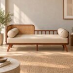 Solid Wood Cane Daybed Sofa with Beige Cushion & Bolster Pillows - Image 5