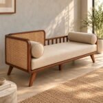 Solid Wood Cane Daybed Sofa with Beige Cushion & Bolster Pillows - Image 2