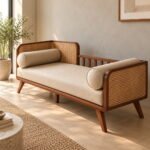 Solid Wood Cane Daybed Sofa with Beige Cushion & Bolster Pillows - Image 6