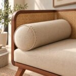 Solid Wood Cane Daybed Sofa with Beige Cushion & Bolster Pillows - Image 7