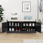 Solid Sheesham Wood Cane Shoe Bench Storage in Black Finish - Image 5