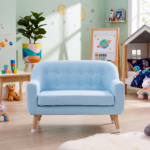 Solid Wood 2-Seater Velvet Kids Sofa Couch in Sky Blue - Image 2