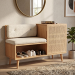 Solid Sheesham Wood Shoe Rack Bench with Cane Shoe Cabinet & Padded Seat