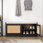 Solid Sheesham Wood Cane Shoe Bench Storage in Black Finish - Image 9