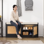 Solid Sheesham Wood Cane Shoe Bench Storage in Black Finish
