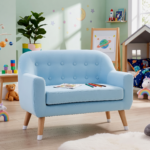 Solid Wood 2-Seater Velvet Kids Sofa Couch in Sky Blue