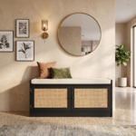 Solid Sheesham Wood Cane Shoe Bench Storage in Black Finish - Image 2