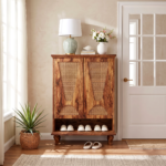 Solid Sheesham Wood Cane Shoe Cabinet | 20-Pair Storage with Open Shelf