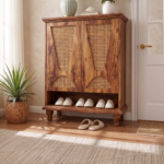 Solid Sheesham Wood Cane Shoe Cabinet | 20-Pair Storage with Open Shelf - Image 2