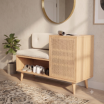 Solid Sheesham Wood Shoe Rack Bench with Cane Shoe Cabinet & Padded Seat - Image 2