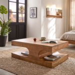 Solid Mango Wood Sculptural Coffee Table with Curved Open Storage
