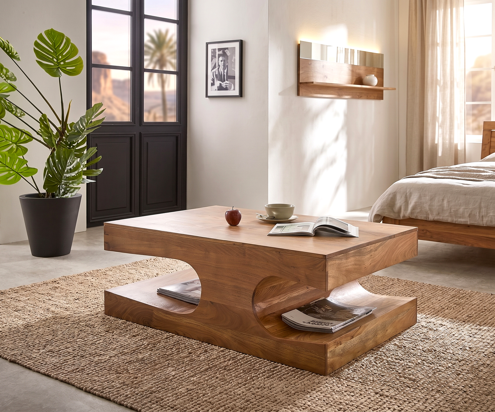 AR (11) Solid Mango Wood Sculptural Coffee Table with Curved Open Storage - Image 1
