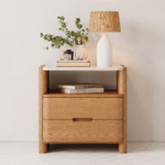 Solid Mango Wood 2-Drawer Bedside Table with Open Shelf & Marble Top