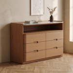 Solid Mango Wood Chest of Drawers| 6-Drawer Chest with Open Shelf & Marble Top