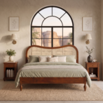 Solid Mango Wood Bed with Curved Woven Cane Headboard - Image 2