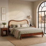 Solid Mango Wood Bed with Curved Woven Cane Headboard