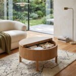 Solid Mango Wood Coffee Table - Round Fluted Design with Lift-Top Storage