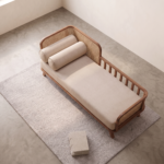 Solid Wood Cane Daybed Sofa with Beige Cushion & Bolster Pillows - Image 3