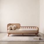 Solid Wood Cane Daybed Sofa with Beige Cushion & Bolster Pillows