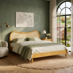 Solid Mango Wood Bed with Curved Woven Cane Headboard