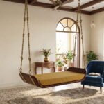 Solid Wood Curved Daybed Swing with Cushion & Brass Chains