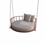 Solid Sheesham Wood Round Hanging Daybed Swing with Cushion in Natural Finish - Image 7