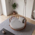 Solid Sheesham Wood Round Hanging Daybed Swing with Cushion in Natural Finish - Image 2