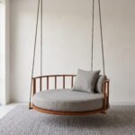 Solid Sheesham Wood Round Hanging Daybed Swing with Cushion in Natural Finish