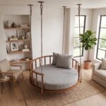 Solid Sheesham Wood Round Hanging Daybed Swing with Cushion in Natural Finish - Image 4