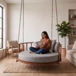 Solid Sheesham Wood Round Hanging Daybed Swing with Cushion in Natural Finish - Image 3