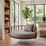 Solid Sheesham Wood Round Hanging Daybed Swing with Cushion in Natural Finish - Image 9