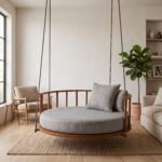 Solid Sheesham Wood Round Hanging Daybed Swing with Cushion in Natural Finish - Image 6