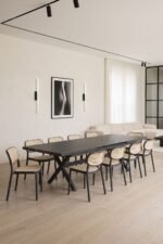 Solid Wood 10-Seater Dining Table Set with Cane Chairs in Black Finish