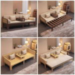 Solid Wood Rattan Sofa Cum Bed with Cushion, Pillows & Tea Table - Image 5