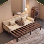 Solid Wood Rattan Sofa Cum Bed with Cushion, Pillows & Tea Table