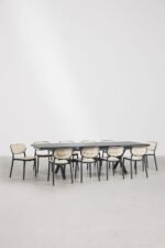 Solid Wood 10-Seater Dining Table Set with Cane Chairs in Black Finish - Image 2