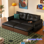 Solid Wood Leatherette Sofa Cum Bed with Pull-Out Trundle & Metal Frame